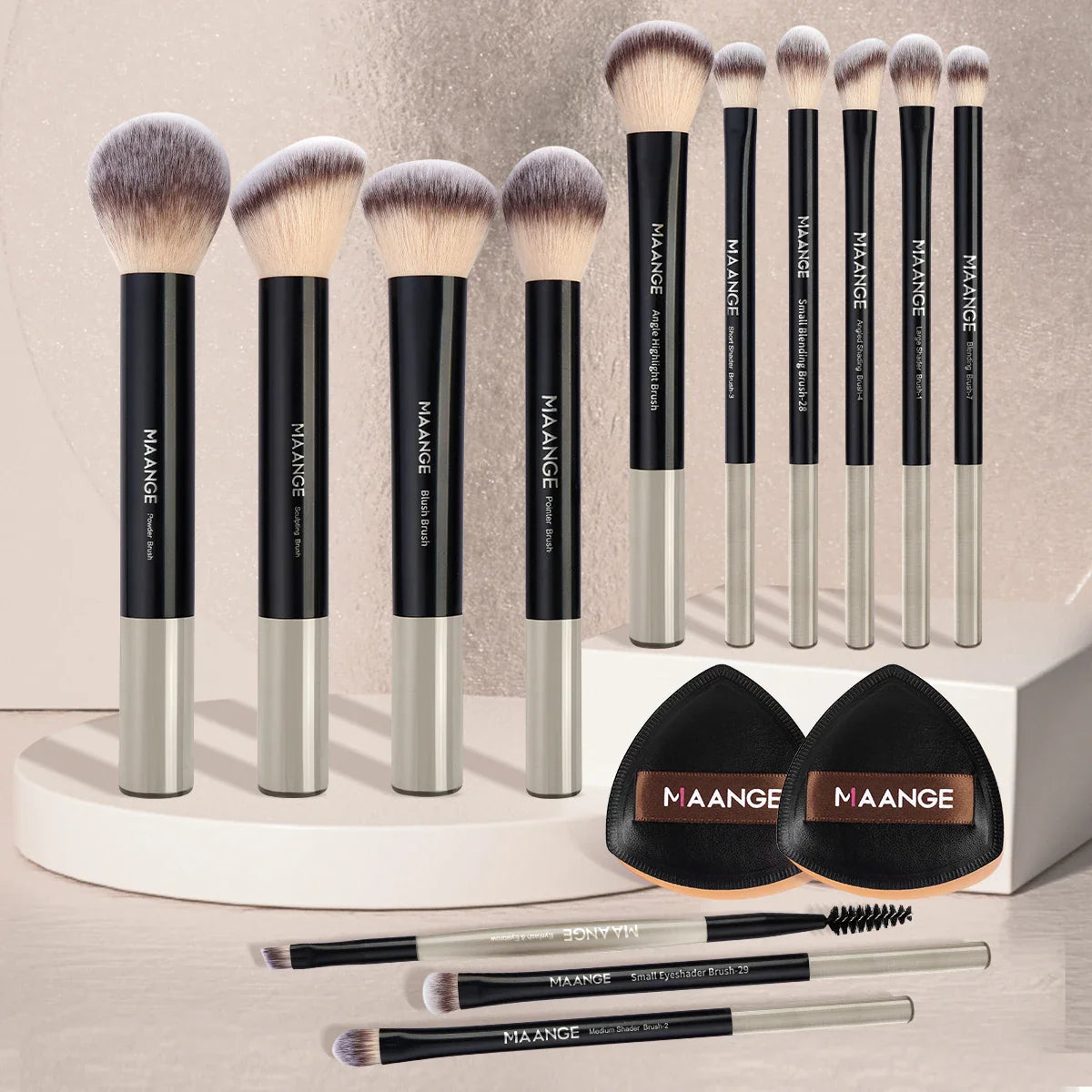 MAANGE 13pcs Premium Synthetic Hairs Makeup Brushes Soft Gentle for Foundation Eyeshadow Powder with 2pcs Air Cushion Puffs Kit