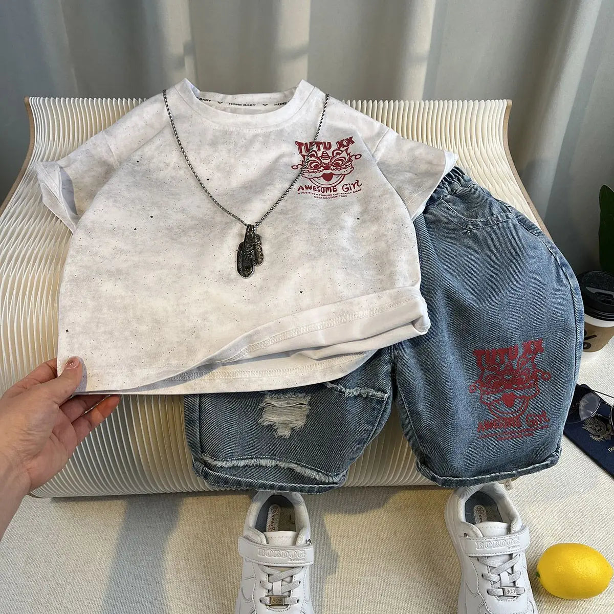 New Boys Fashion Summer Cotton Letter Printing T-shirts+Graffiti Denim Shorts 2pcs Set Kids Korean Outfits Sets Children Clothes