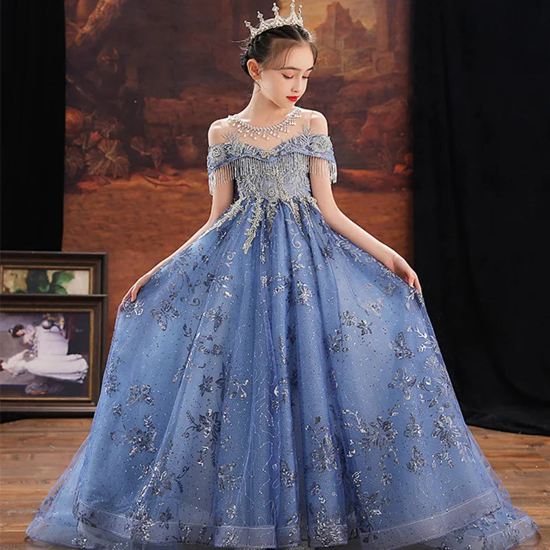 Girl Elegant Off Shoulder Dress Fashion Runway Show Luxurious Princess Dresses for Girls Birthday Party Long Kids Vestidos (Available)