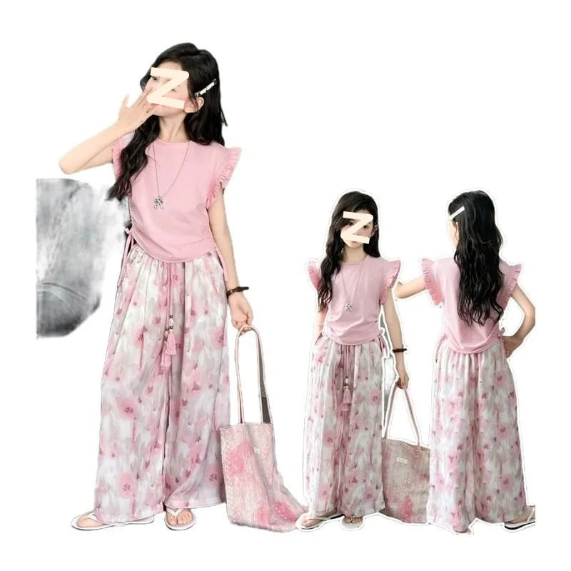 Children's Sets Girls Summer Thin Wide Leg Pants Set: Korean Trendy T-Shirt Two-Piece for Big Kids