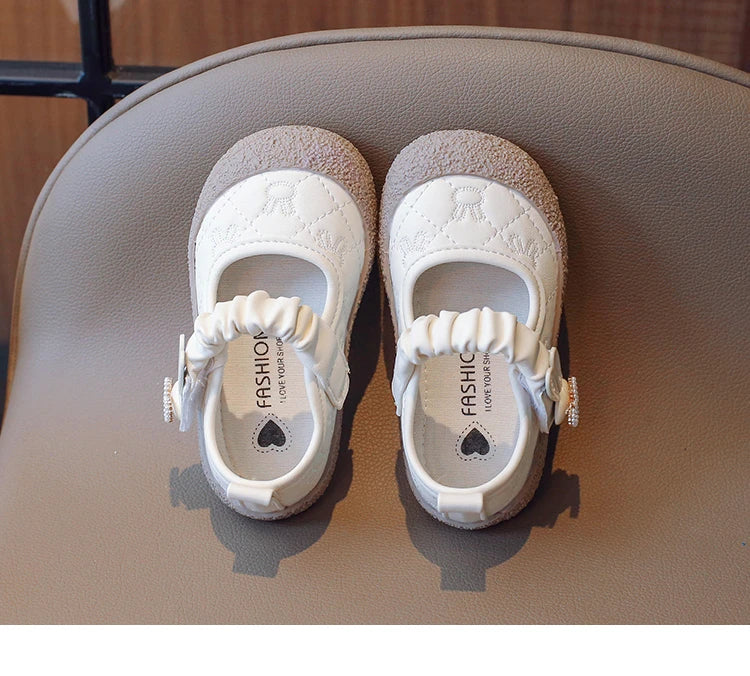 Girl's Mary Janes Cute Flat Sewing Pu Leather Little Children Leather Shoes Pu 21-30 Hook-loop Anti-slip Lovely Kids Spring Shoe