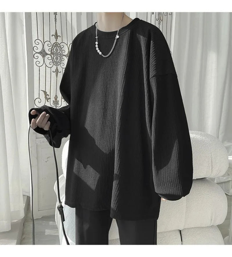Men's Long Sleeve T-Shirt - Classic Versatile Spring/Autumn New Student Korean Style Loose  Drape Trendy Niche Solid Color Top