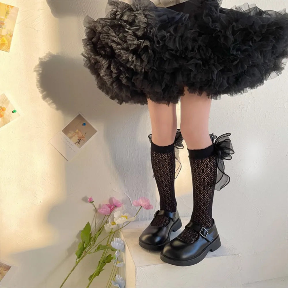 Thin Lolita bow girls' stockings in summer lace bud stockings Japanese princess straight calf socks