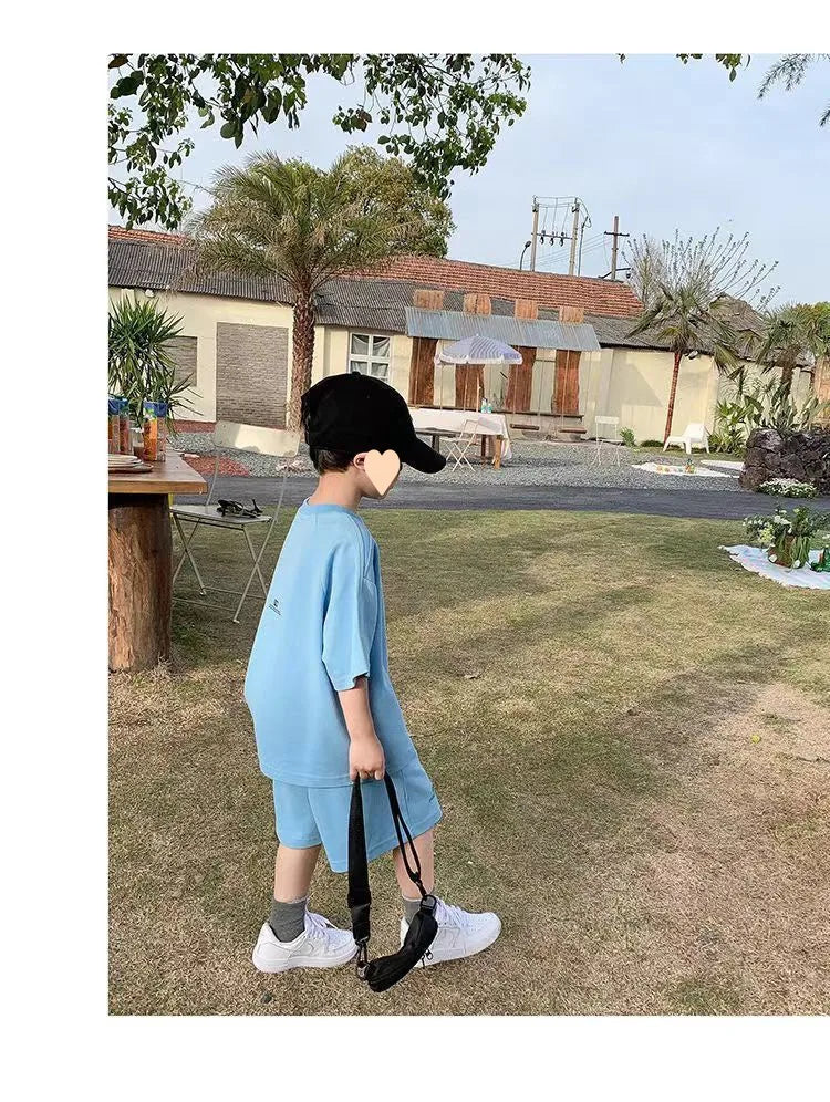 Summer Casual Boys Cotton Loose Alphabet T-shirt Tops+Short Pants Set School Kids Tracksuit Children 2-Piece Outfit Suit 2-14Yrs