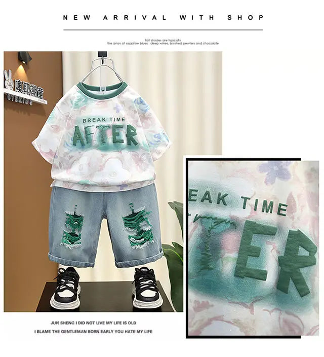 New Children's Printed Thin T-shirt+ hole Denim Shorts Teenager Boys Summer Fashion outfits
