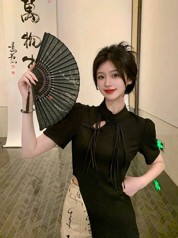 New Chinese Style High Grade Irregular Calligraphy Half Body Dress Fashion Qipao Two Piece Set Skirt Women's Summer Hanfu Suit