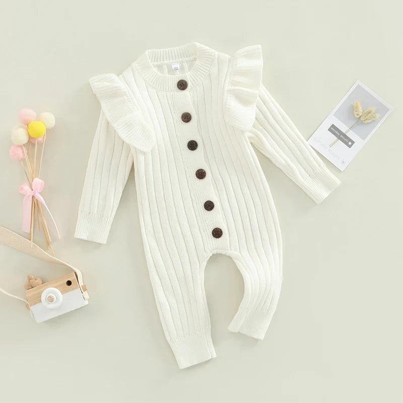 New  Winter Baby Girl’s Knitted Long Sleeve Sweater Jumpsuit Fashion Solid Color Round Neck Ruffles Button Warm Romper Outfits (Available)