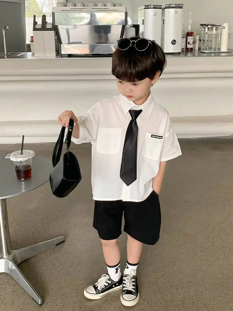 Teens Boys Summer Set Children's Wear Thin 2025 New Handsome British Style Boy White Cotton Short Sleeved Shirt+Black Shorts+Tie