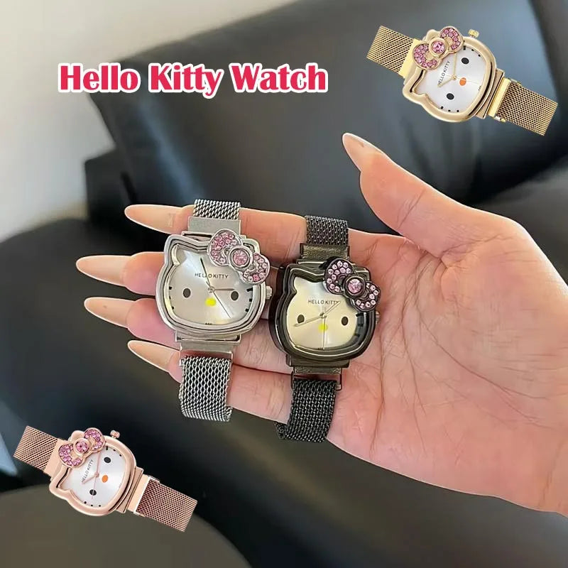 Hello Kitty Cartoon Watch Cute Student Fashion Watch Bow Decoration Quartz Wristwatch Girl Christmas Gift