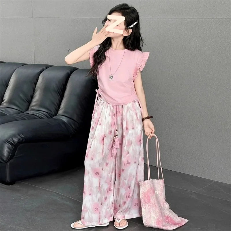 Children's Sets Girls Summer Thin Wide Leg Pants Set: Korean Trendy T-Shirt Two-Piece for Big Kids