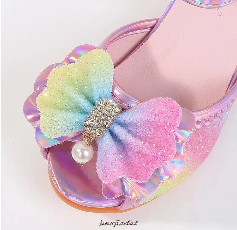 Summer High Heels Shoes for Girls Pageant Kids Sandals Child Mary Jane Shiny Princess Party Dress Up Shoes Purple Gold Pink Blue