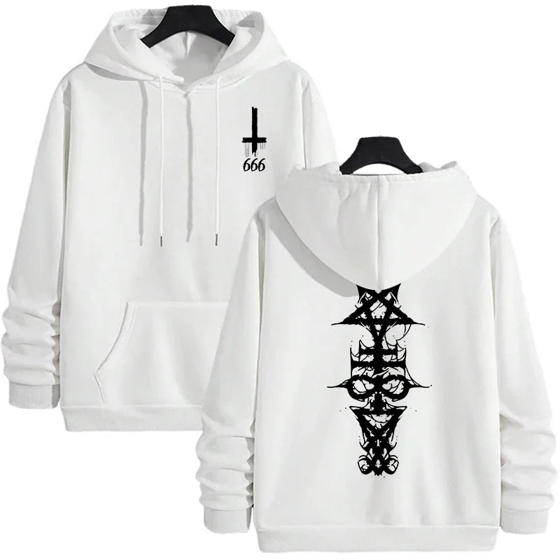 Mens Gothic Hoodie Satanic Symbol Print Street Fashion Warm Pullover Autumn Winter Male Home Outdoor Comfort Casual Sweatshirt