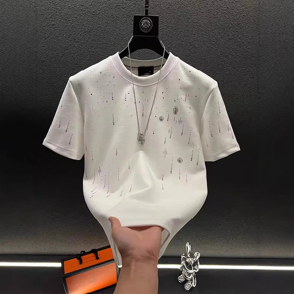 Spring New Heavy Work Light Luxury Custom Short Sleeve T-shirt Top Meteor Full Diamond T-shirt Round Neck Short Sleeve    (Available)