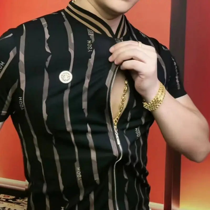 Men's New Summer T-shirt Zipper Short-sleeved Cardigan Sweater Round Neck Fashionable and Handsome Top Thin