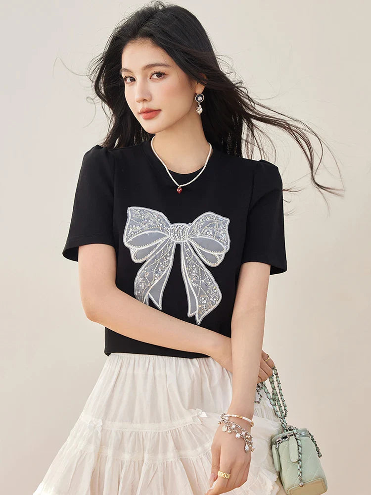 Summer New Sweet Short Sleeved T-shirt Women Fashion Bow Tops Harajuku Casual Simple T-shirt Y2k Top