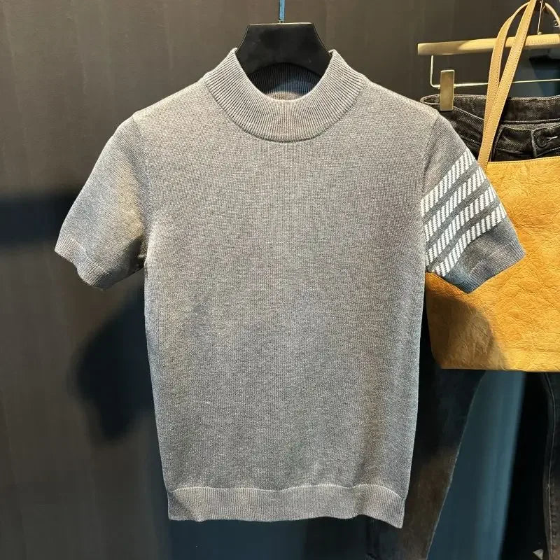 Men's Short-sleeved Sweater Slim and Simple Knitted Sweater Half Turtle Neck Jacquard Casual Thickened Base Shirt