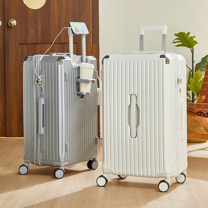 Large Capacity 20-26 Inch Rolling Luggage with Cup Holder Travel Bag Convenient Phone Stand Simple Travel Rolling Suitcase