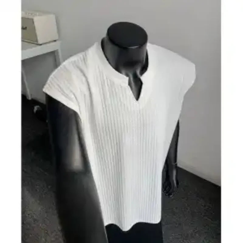 Striped Vest Men's Summer American Sleeveless V-Neck T-Shirt Textured Solid Fitness Sweatshirt