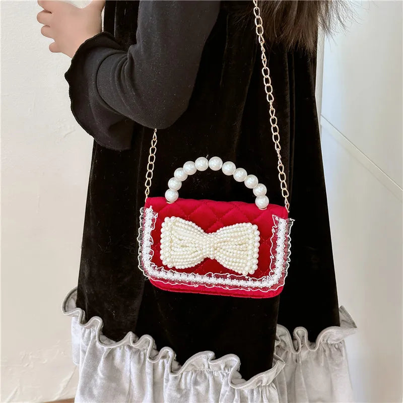 Sweet Bow Children's Small Square Shoulder Bag Sequin Lace Princess Girls Crossbody Bags Pearl Handle Coin Purse Handbags Gifts