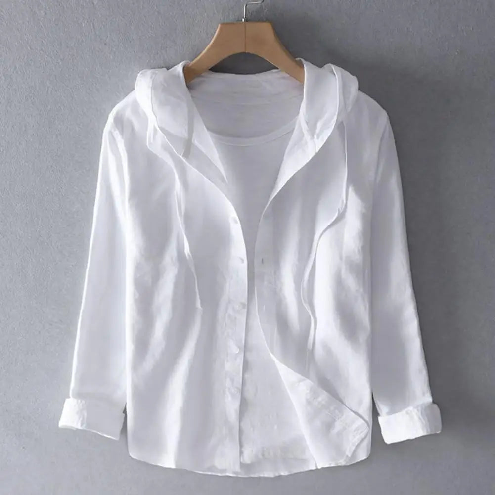 Men Summer Shirt Sun Anti UV Long Sleeve Hooded Drawstring Single breasted Soft Loose Breathable Cardigan Coat Top (Available)
