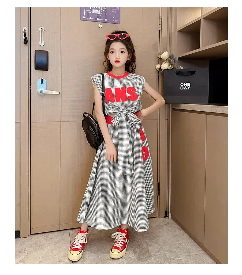 Girls Clothes Summer Kids Fashion Letter Vest + Skirt 2pcs Set Children Clothing Suit Teen Girl Plaid Bowknot Sleeveless Outfits
