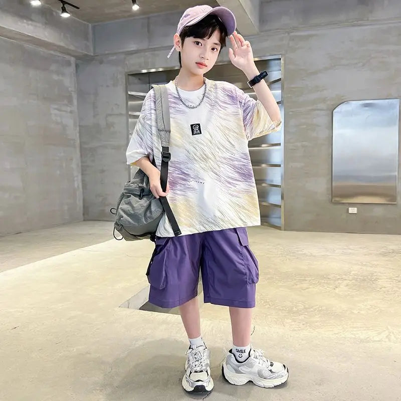 Hip Hop Children Cotton Solid Sportswear Kid Boys Clothing Set Boys Summer Suit Teen Boys Short Sleeve + Pants 2piece  loose
