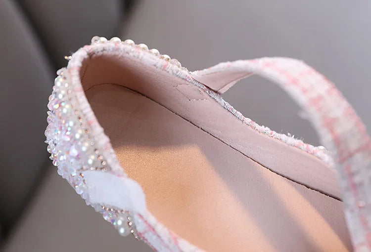 Girls Shoes Bling Single Shoes for Stage Performance Mary Janes Bow Crystal Glitter Wedding Flats Dance Party Leather Shoes New