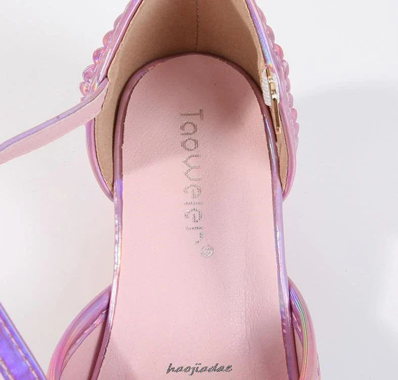 Summer High Heels Shoes for Girls Pageant Kids Sandals Child Mary Jane Shiny Princess Party Dress Up Shoes Purple Gold Pink Blue