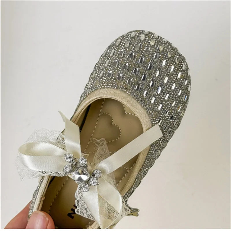 Children Shoes For Girls Leather Bow Rhinestone Princess Shoes Soft Sole Outdoor Fashion Kids Sneakers EU 26-33