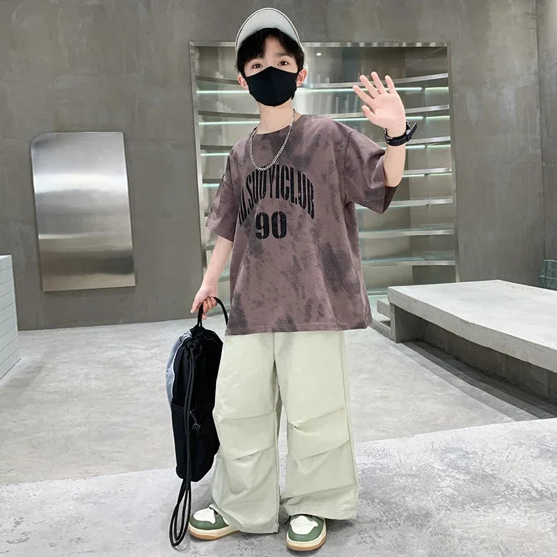 Boys Summer Clothing Set Children Casual Cotton Outfit Suit Brown Color Kids Cotton