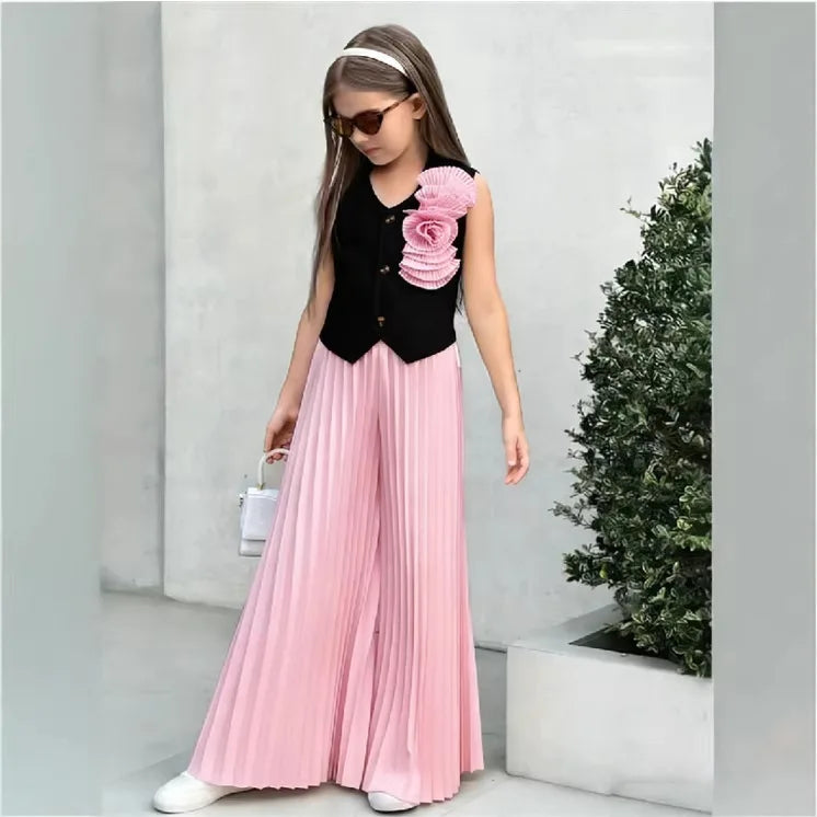 Little Girls' Color - Block Fashion Two - Piece Set: 3D Floral Sleeveless Vest + High - Waisted Pleated Wide - Leg Pants