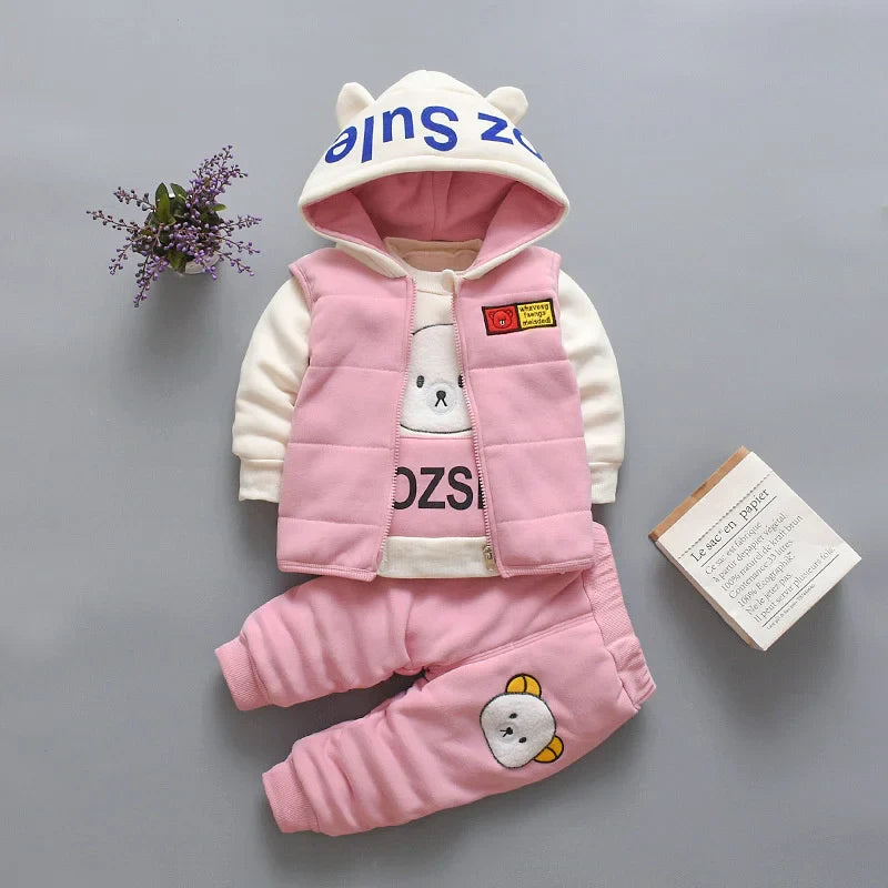New Autumn Winter  Baby Girl Clothes Children Boys Thickened Hooded Vest T-Shirt Pants 3Pcs/Sets Toddler Costume Kids Tracksuits (Available)