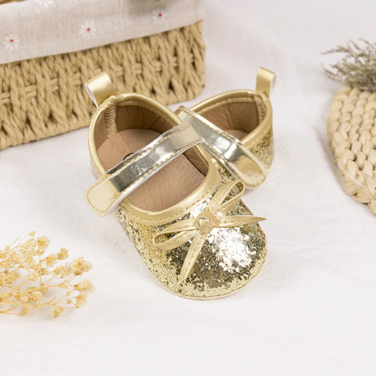Gold Tie Cute Bow Flower Baby Princess Shoes Wedding Birthday Party Non-Slip Soft Sole Baby Toddler Shoes