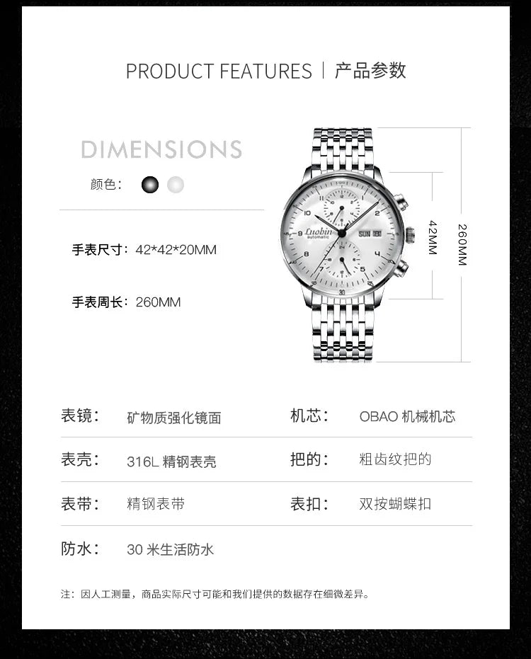 Mens Business Watch Mechanical Movement Multifunction Chronograph Stainless Steel Waterproof Automatic Calendar Sapphire