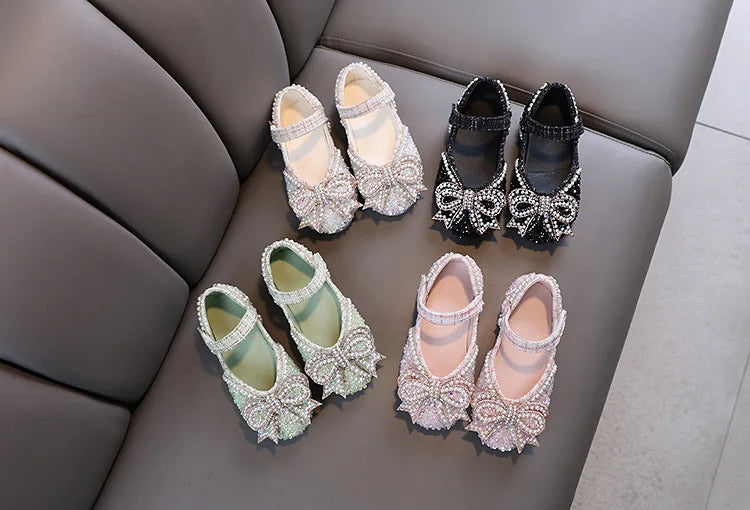 Girls Shoes Bling Single Shoes for Stage Performance Mary Janes Bow Crystal Glitter Wedding Flats Dance Party Leather Shoes New