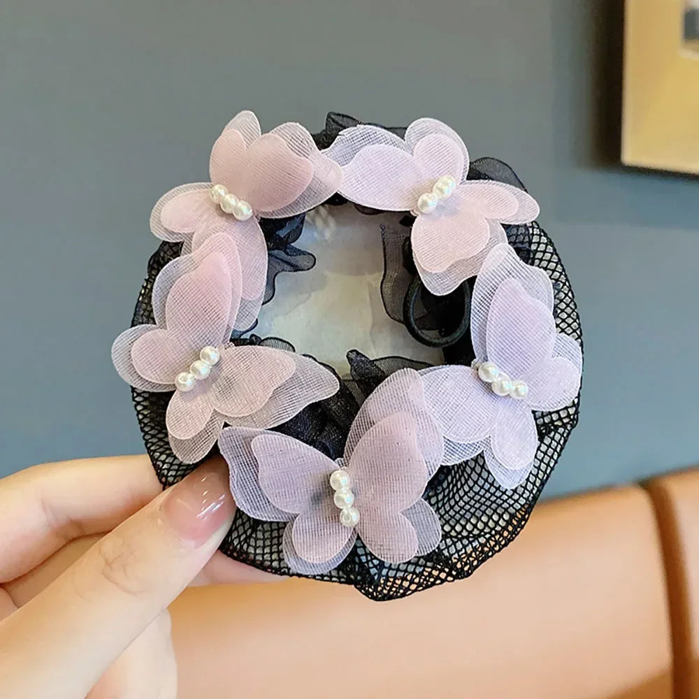 Girls Dance Hairnet Ballet Bun Cover Flower Butterfly Pearl Rhinestone Hair Mesh Kids Training Daily Dance Accessories