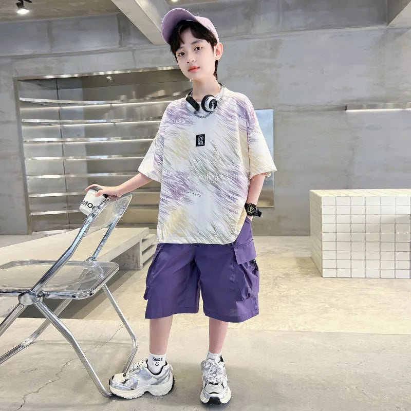 Hip Hop Children Cotton Solid Sportswear Kid Boys Clothing Set Boys Summer Suit Teen Boys Short Sleeve + Pants 2piece  loose