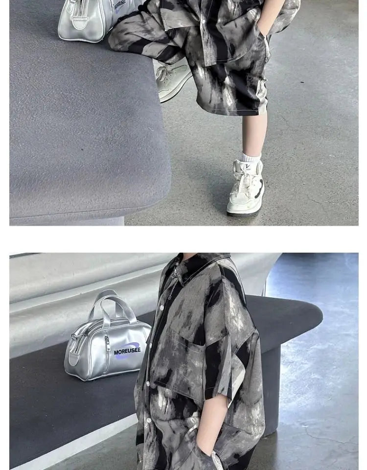 Boys Fashion Summer Tye-die Short Sleeve Shirts+Pants 2pcs Suits Years Kids Trend Streetwear Oufits Sets Children Clothing