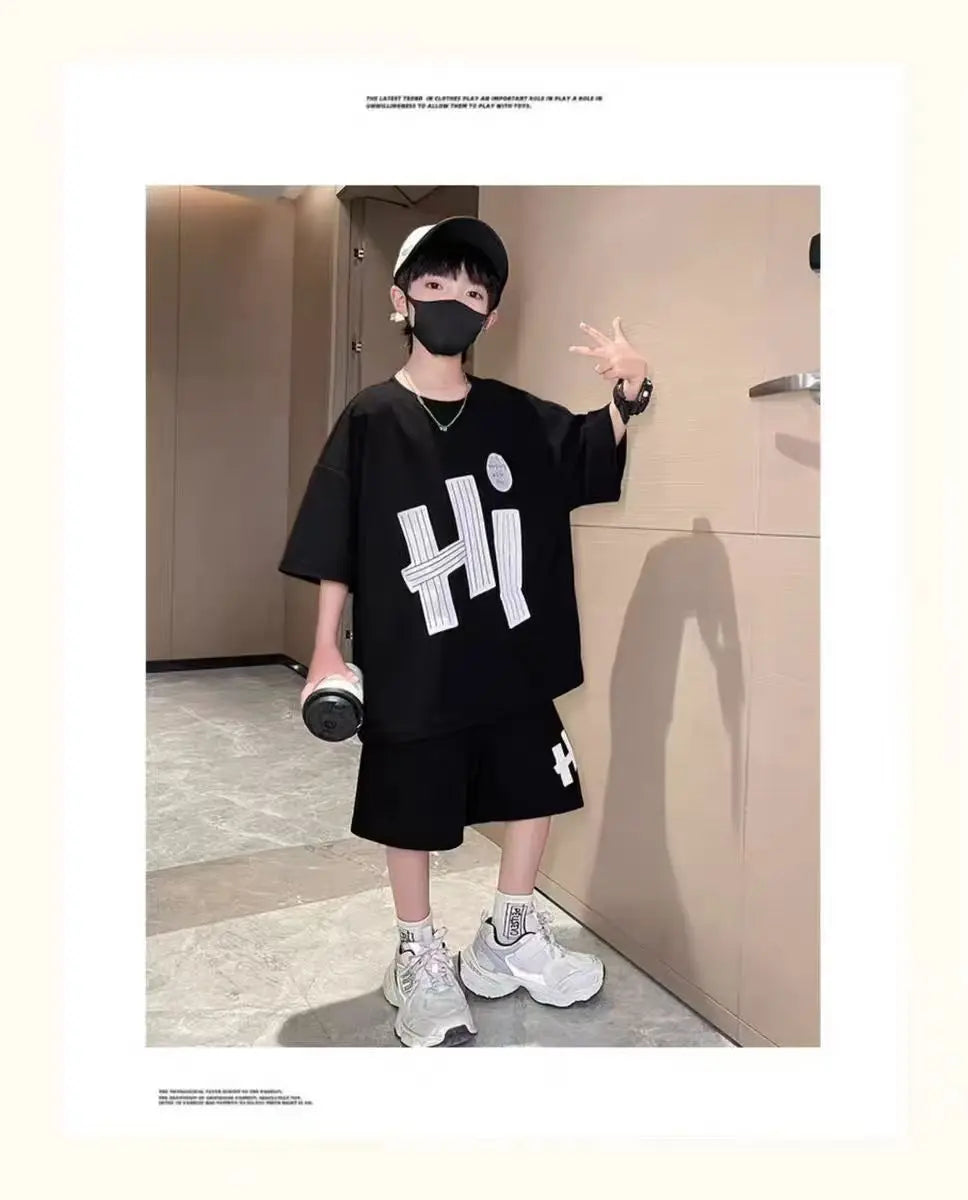 New Boys Sport Clothing Sets Summer Big Kids Loose Clothes Suit Short Sleeve Tops+Shorts 2Pcs Children Fashion Handsome Outfits