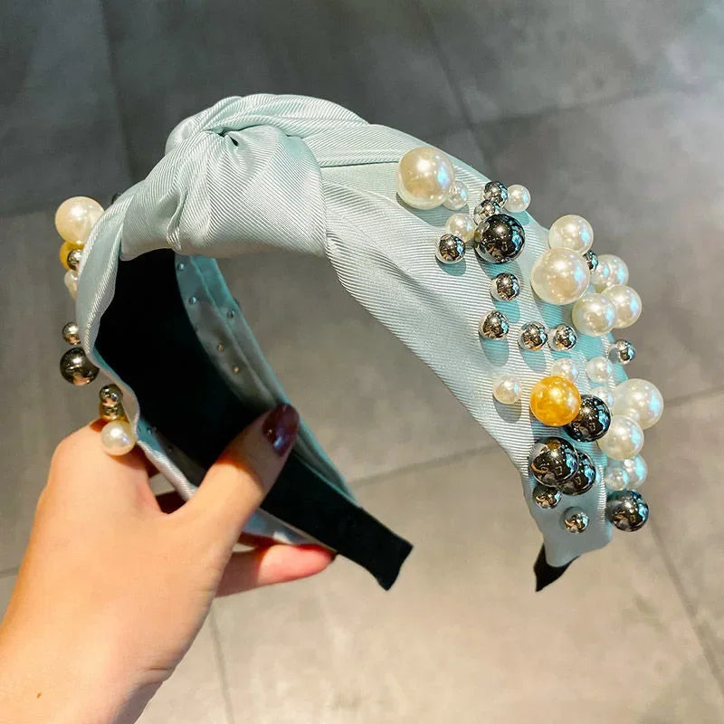 Fashion Pearl Hairbands Hair Accessories Women Solid Color Fabric Knotted Headbands Boutique
