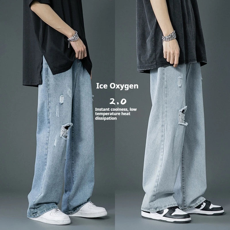 Ripped Jeans Men Ins Trendy Straight Leg Loose Wide Leg Pants High Waist Floor Mopping Denim Pants Versatile Casual Pants Men's
