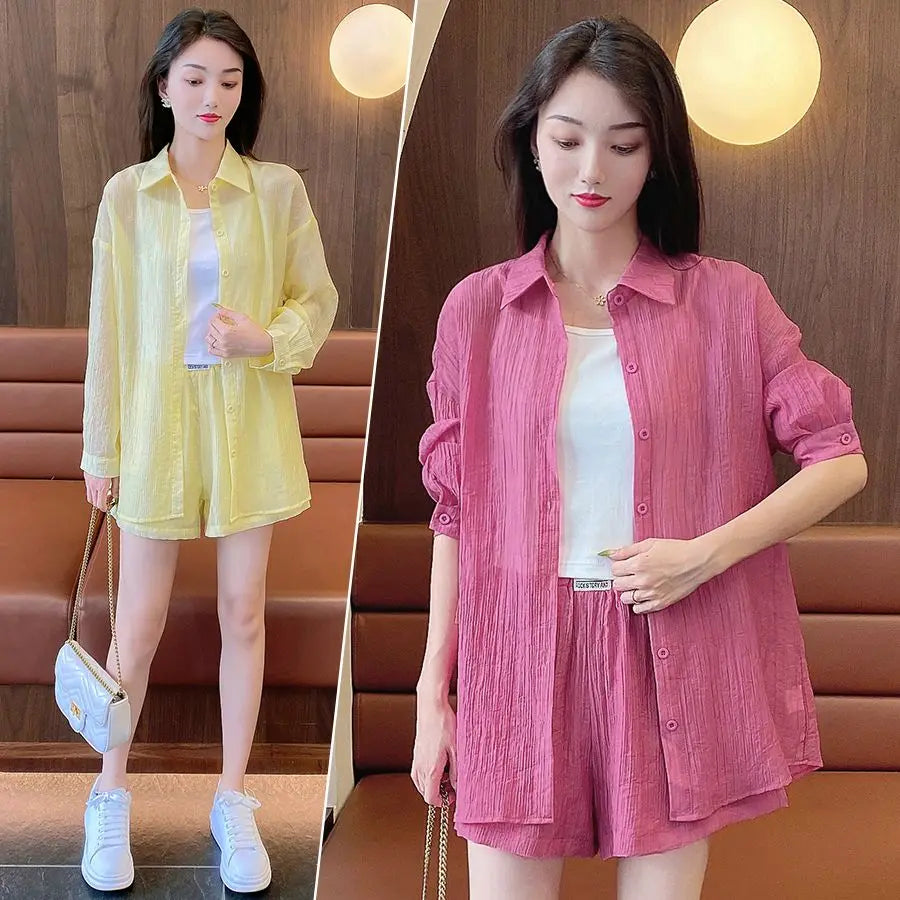 Spring and Summer Sun Protection Women's Set Stylish Loose Shirt Shorts High-end Elegant Women's Three Piece Set