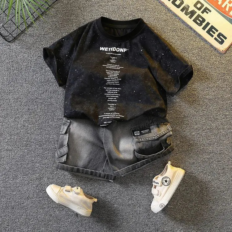 Baby Boys Summer Clothes Fashion Crew Neck Children Tracksuit Letter Printed T-shirt Denim Shorts 2pcs Suit Kids Outfit 2-11Y