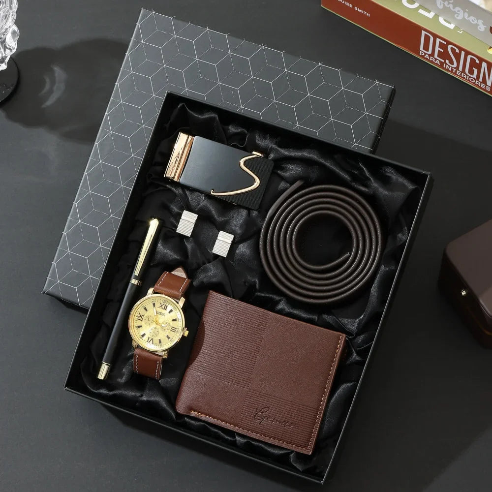 New Luxury Men's Accessory Set Watch Belt Wallet Pen Keychain Bracelet Cufflinks Sunglasses Gift Box for Dad Husband Boyfriend