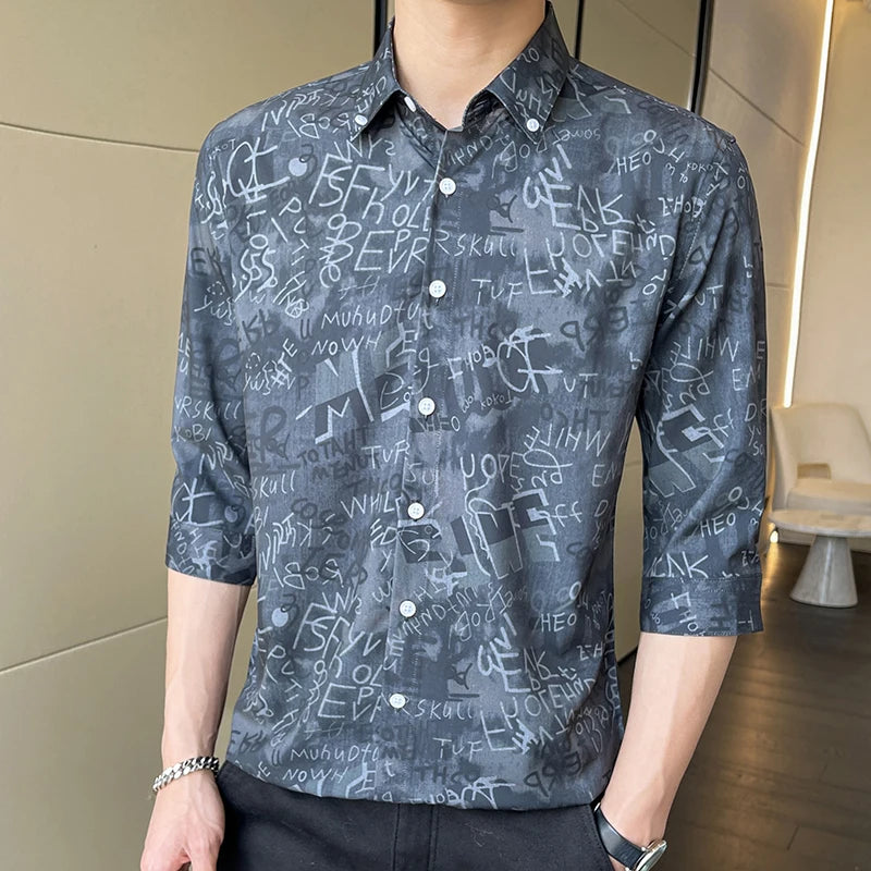 Men's Stylish 3/4 Sleeve Shirt English Letter Print Casual Turn-Down Collar Summer Fashion Breathable Loose Fit Top
