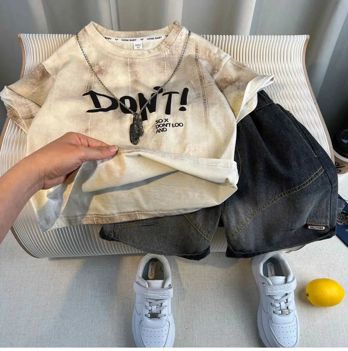 New Boys Fashion Summer Cotton Letter Printing T-shirts+Graffiti Denim Shorts 2pcs Set Kids Korean Outfits Sets Children Clothes