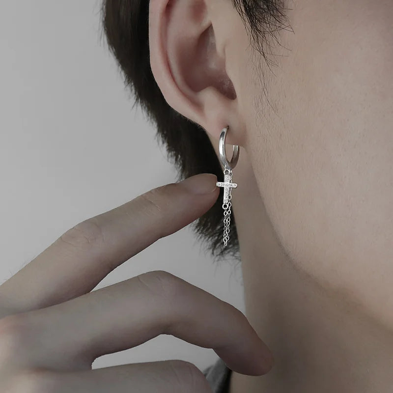 Trendy 925 Sterling Silver Earrings For Men Jewelry Classic Double Cross Drop Earrings Male Personality  Asymmetric Ear Buckle