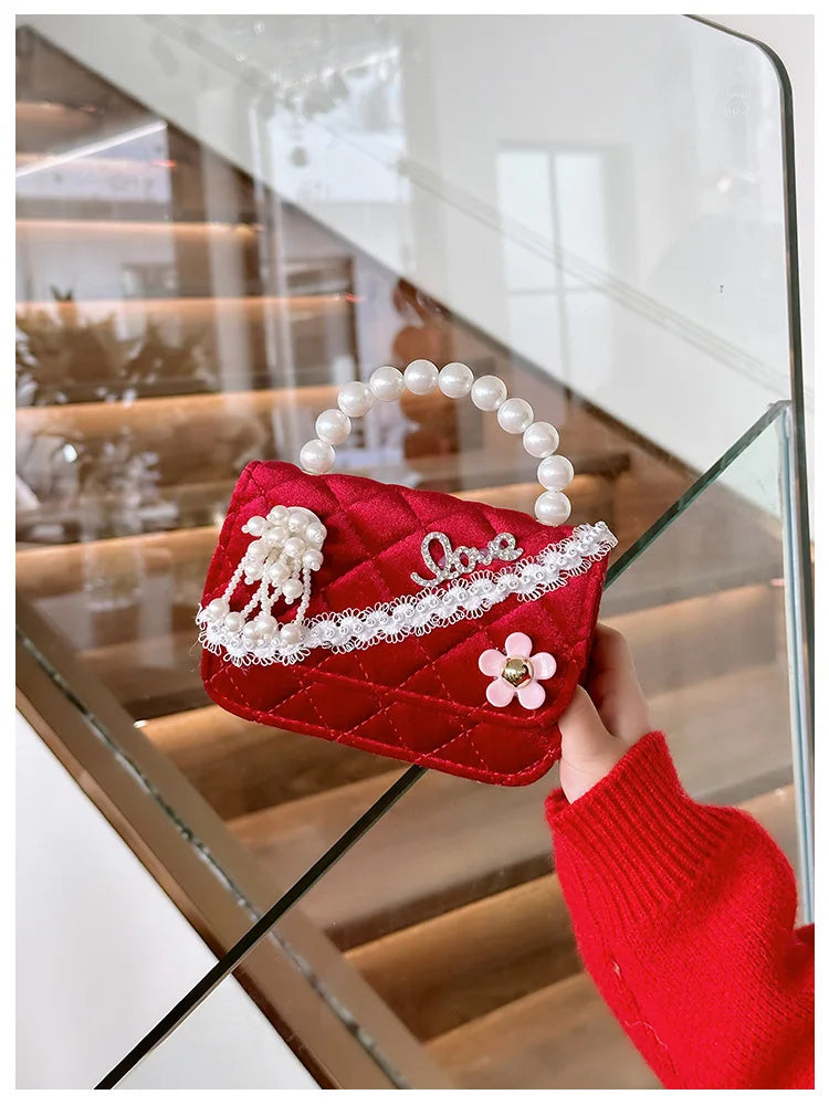 Sweet Bow Children's Small Square Shoulder Bag Sequin Lace Princess Girls Crossbody Bags Pearl Handle Coin Purse Handbags Gifts