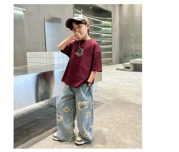 Boys' Summer Outfit Sets New Style Children's Short Sleeved T-shirt Long Pants Two-piece Suits Big Children's Stylish Sets