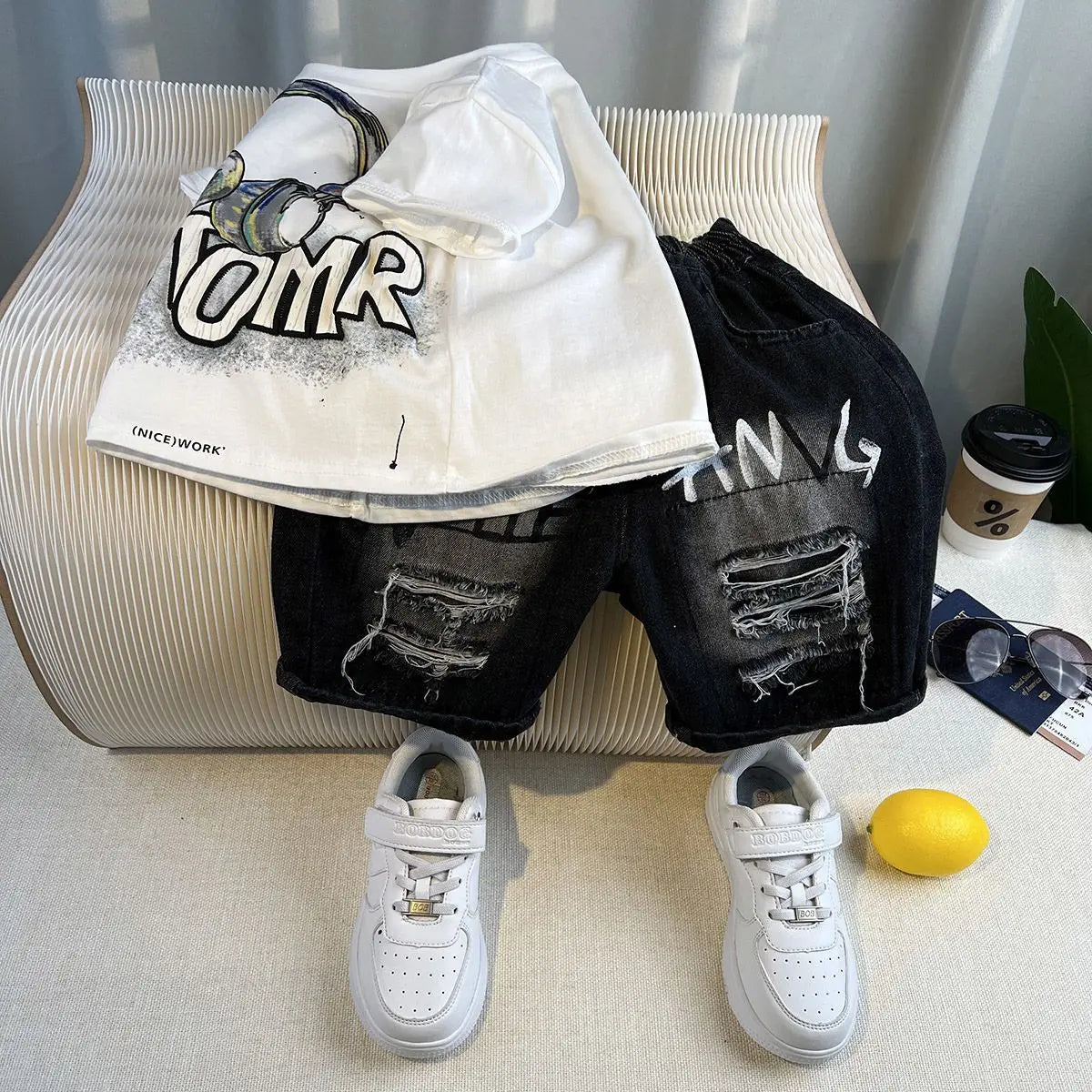 Korean Boys Summer Children's Top and Bottom 2PC Sets Short Sleeve T-Shirt & Denim Shorts Kids Clothes 1-7 Years Black Toddler